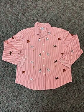 Vintage Teddi Striped Button-Up Shirt with Dog Embroidery - Pink/White XL